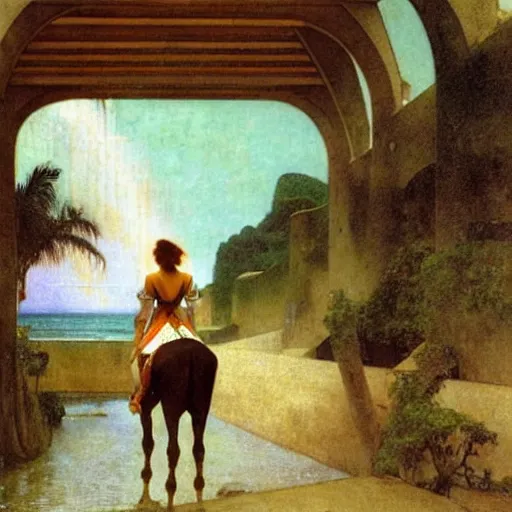 Image similar to Girl riding a horse leaving the castle through the bridge, thunderstorm, beach and palm trees on the background major arcana sky, by paul delaroche, alphonse mucha and arnold böcklin arnold böcklin hyperrealistic 8k, very detailed