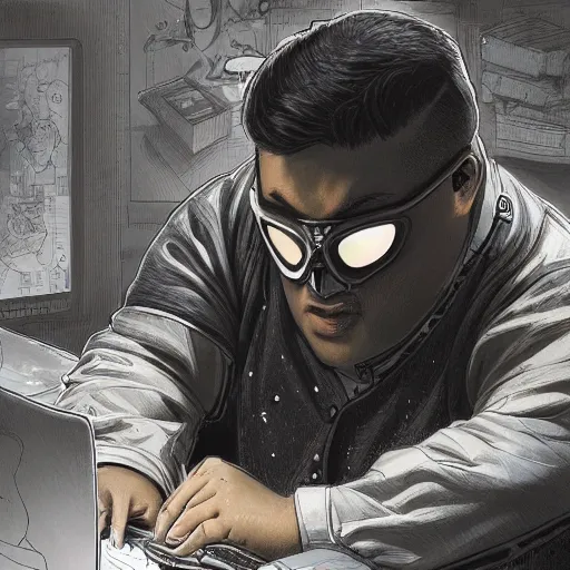 Image similar to an insanely detailed painting of a chubby and nerdy asian man wearing a homemade superhero costume and mask, sitting at a computer desk typing on the keyboard, in the style of peter mohrbacher, dramatic lighting and composition, trending on artstation, concept art, comic book, graphic novel, back view