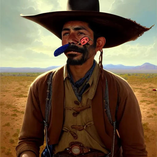 Image similar to illustration of a mexican man, missing one front teeth, with one small, dirt, wild west, with hat drinking a beer on train station, fantasy, intricate, elegant, highly detailed, digital painting, artstation, concept art, matte, sharp focus, art by aenaluck and roberto ferri and greg rutkowski, epic, juan caloto,