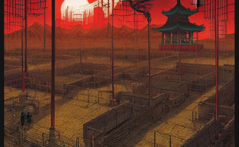 Prompt: artwork of a chinese prison by dan mumford and toshi yoshida and peter doig, vintage scifi, highly detailed, dramatic lighting, 8 k