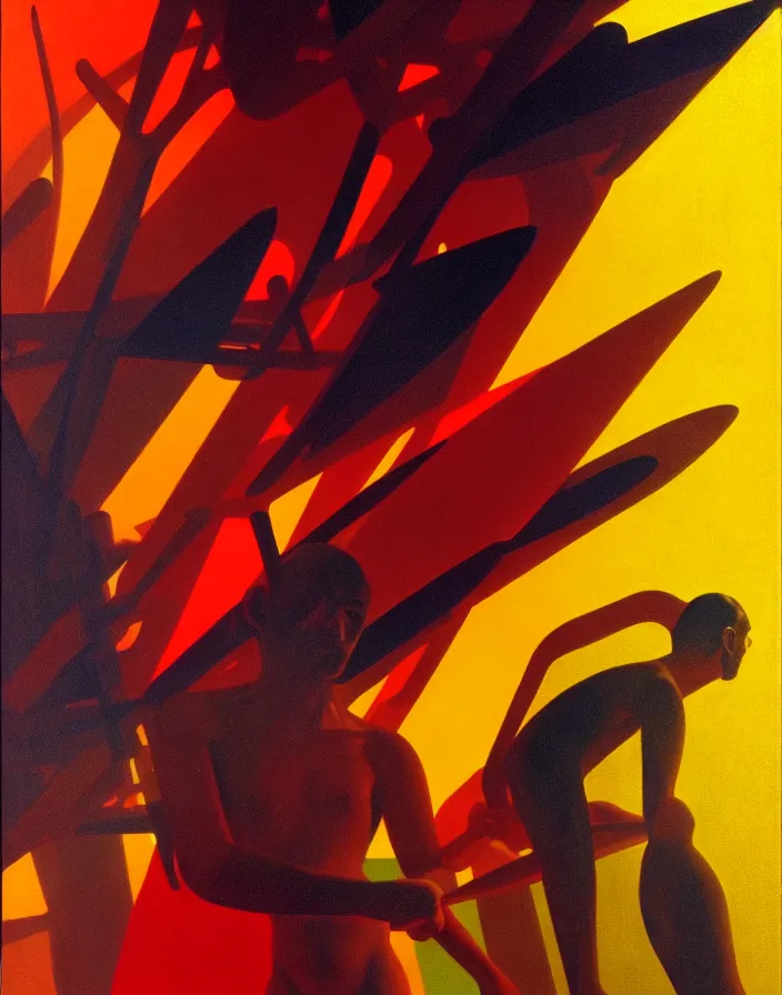 Prompt: by Syd Mead , mystic dark atmosphere deep underwater, portrait of men with chameleon scales, soft light, red+yellow colours, high quality details, one point perspective, denoise deep depth of field