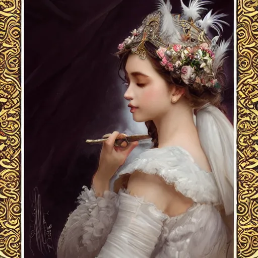 Image similar to a sweet queen with a decorated dress made of white cotton roses and white and cream plumes of swan, highly detailed, digital painting, Trending on artstation , HD quality, by artgerm and greg rutkowski and alphonse mucha, dramatic light, octane