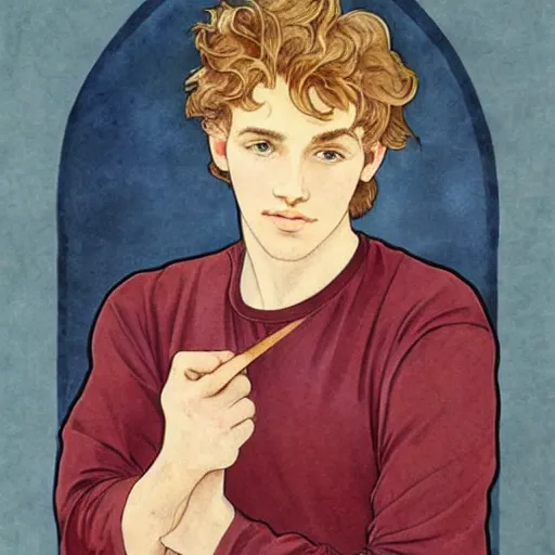 Image similar to watercolor drawing of a young cute handsome beautiful strawberry blond medium very curly thick hair and slight thin facial hair man in his early 2 0 s wearing a blank maroon t - shirt with grey - blue eyes, by elizabeth peyton and alphonse mucha