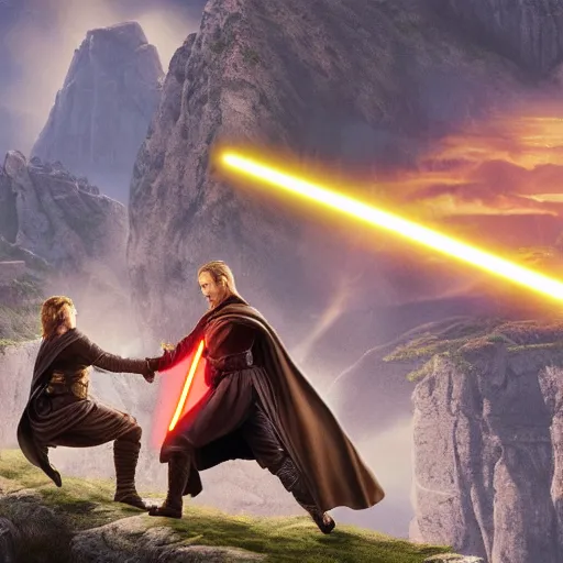 Prompt: anakin skywalker and obi wan kenobi engaging in an epic duel on a cliffside, epic, fantasy artwork, intense, cinematic, raytracing, dynamic lighting, 4 k