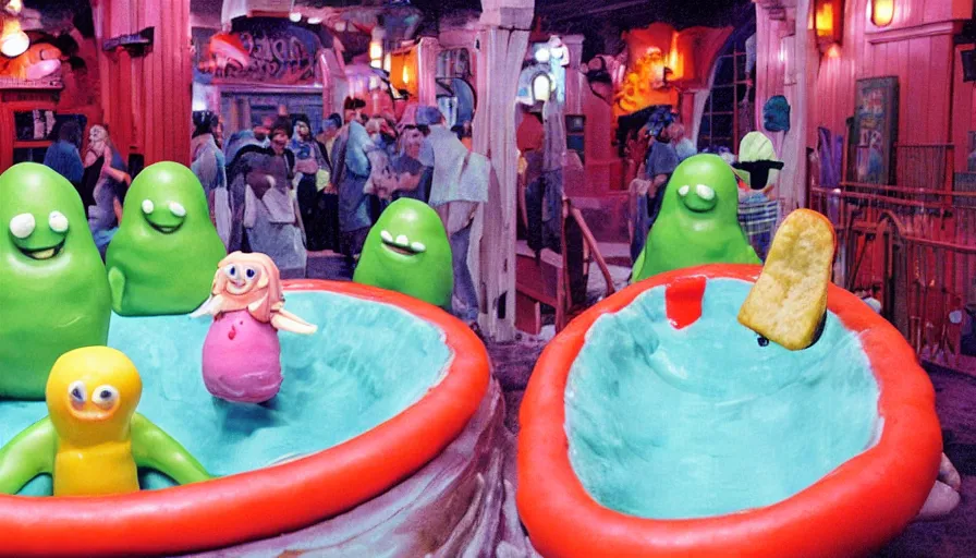 Image similar to 1990s photo of inside the Slime Friends Snow Potato Show ride at Universal Studios in Orlando, Florida, riding a hotdog through a dinner plate world, cinematic, UHD