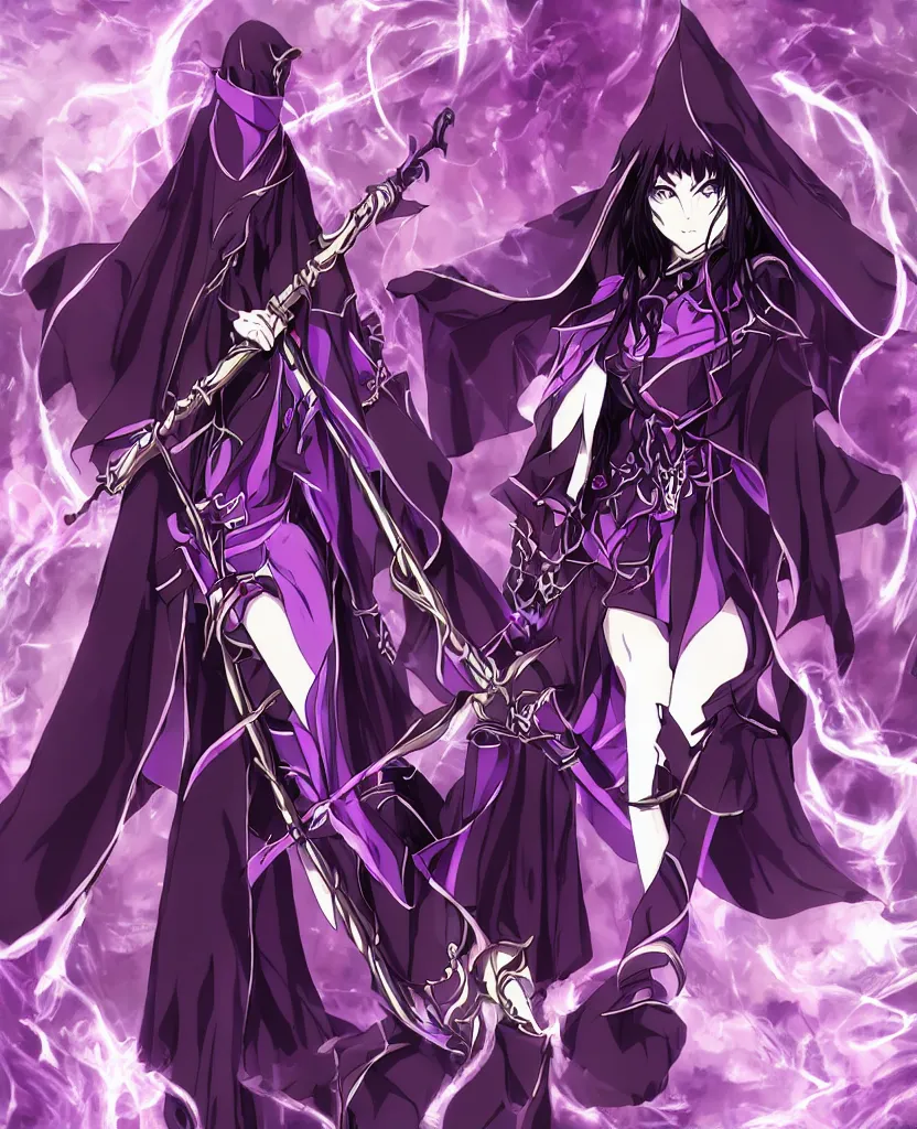 Image similar to an attractive anime female necromancer mage symmetrical, donned in black cloak with purple staff full body in frame