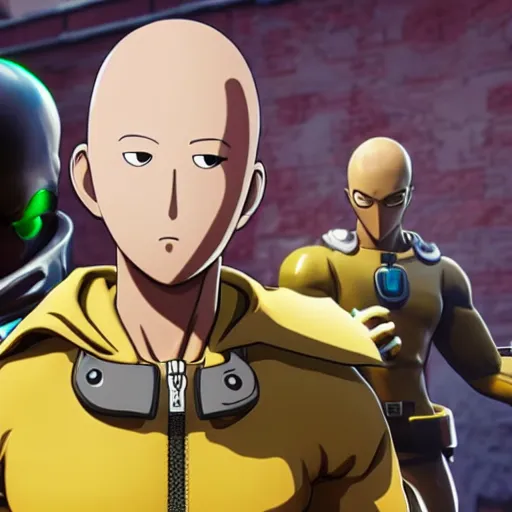 Image similar to one punch man in fortnite, character render, full body shot, highly detailed, in game render