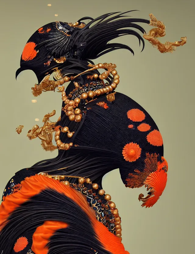 Image similar to 3 d goddess close - up profile portrait biomechanics with ram skull. beautiful intricately detailed japanese crow kitsune mask and clasical japanese kimono. betta fish, jellyfish phoenix, bio luminescent, plasma, ice, water, wind, creature, artwork by tooth wu and wlop and beeple and greg rutkowski. gold black teal and orange color scheme