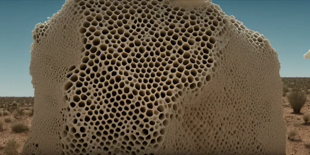 Image similar to real white honeycomb organic building with dripping honey by tomas gabzdil libertiny sitting on the arizona desert, film still from the movie directed by denis villeneuve arrival movie aesthetic with art direction by zdzisław beksinski, telephoto lens, shallow depth of field