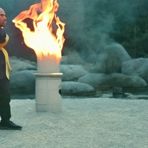 Image similar to cinematic film still of Chris Brown starring as a Japanese Sensei with fire, Japanese CGI, VFX, 2003, 40mm lens, shallow depth of field, film photography