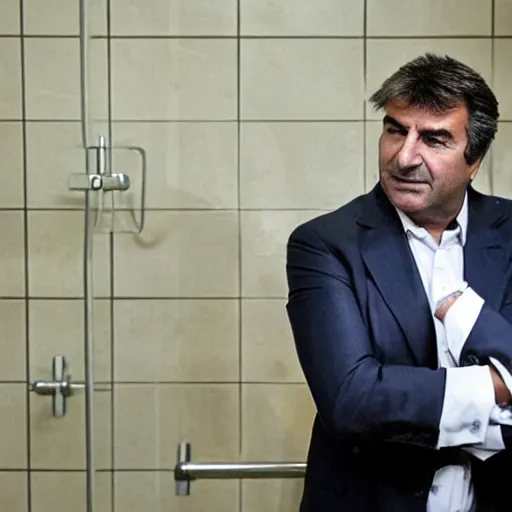 Image similar to joan laporta in the prison showers, bending down to get the soap