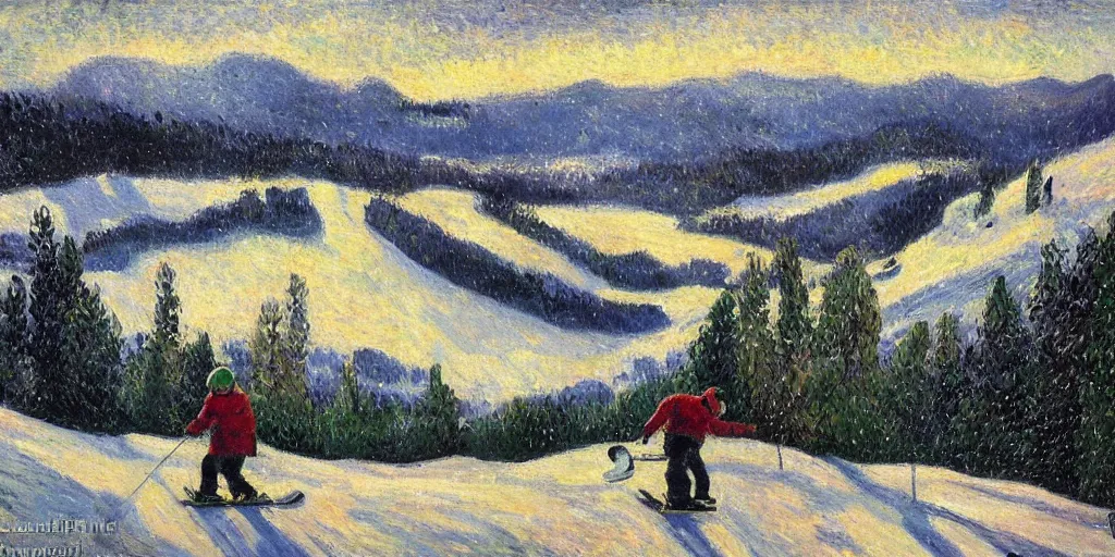 Image similar to pepe the frog snowboarding, gloomy landscape, expressive oil painting by christopher radlund and camille pissaro