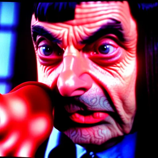 Image similar to mr. bean as wayne from the waynes world movie. movie still. cinematic lighting.