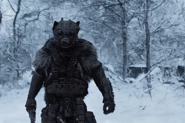 Image similar to reds eyes, all black armor, helghast soldier, kerberos panzer cop hybrid, in a still of illang the wolf brigade ( 2 0 1 8 ) film, vfx, post processed