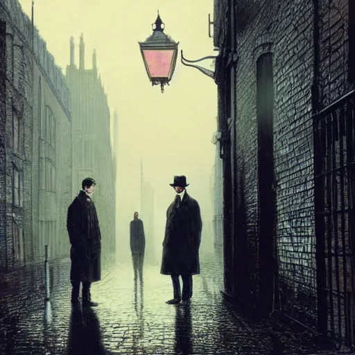 Prompt: Mads Mikkelsen as Sherlock Holmes and John Candy as John Watson walking on the misty streets of London looking for Jack the Ripper, artwork by John Atkinson Grimshaw