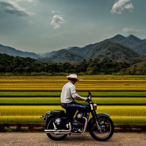 Prompt: a man wearing a cowboy hat riding a royal enfield classic 3 5 0 halcyon in a beautiful scenery with mountains and trees, rice fields in the distance, ukiyo - e style