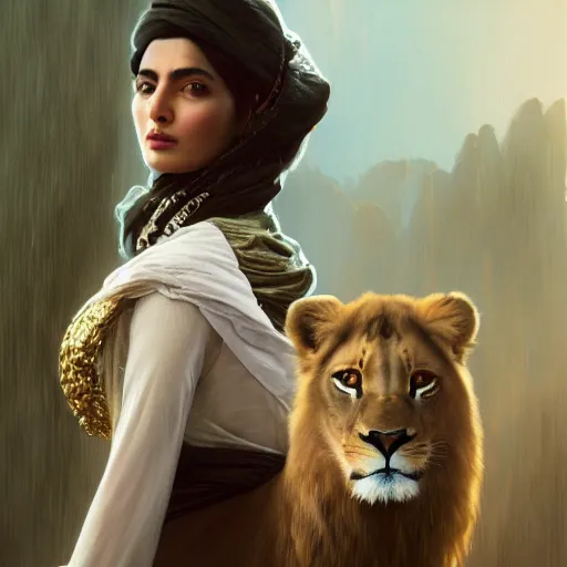 Prompt: a Photorealistic dramatic hyperrealistic render of an arab ameera al taweel, green tan skin, eyes, brown hair, white veil, with a pet lion by WLOP,Artgerm,Greg Rutkowski,Alphonse Mucha, Beautiful dynamic dramatic dark moody lighting,shadows,cinematic atmosphere,Artstation,concept design art,Octane render,8K