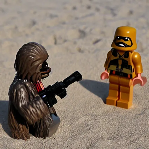 Image similar to Chewbacca on holiday, relaxing on the beach, minifigure, hyperrealistic, photos, Flickr