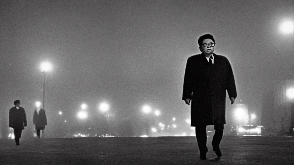 Image similar to foggy city lights, kim jong - il walking in 1 9 6 0 s pyongyang, film noir thriller in the style of orson welles and andrei tarkovski