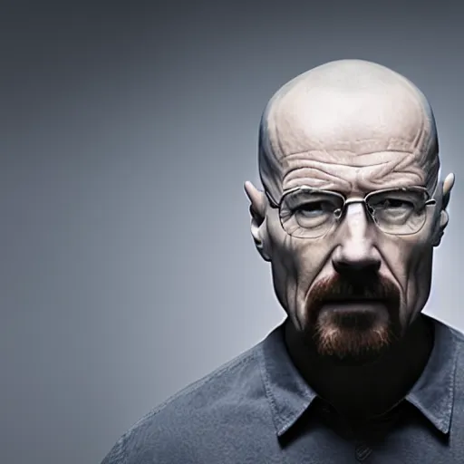 Image similar to walter white pushing a large grey cube in a large empty white room