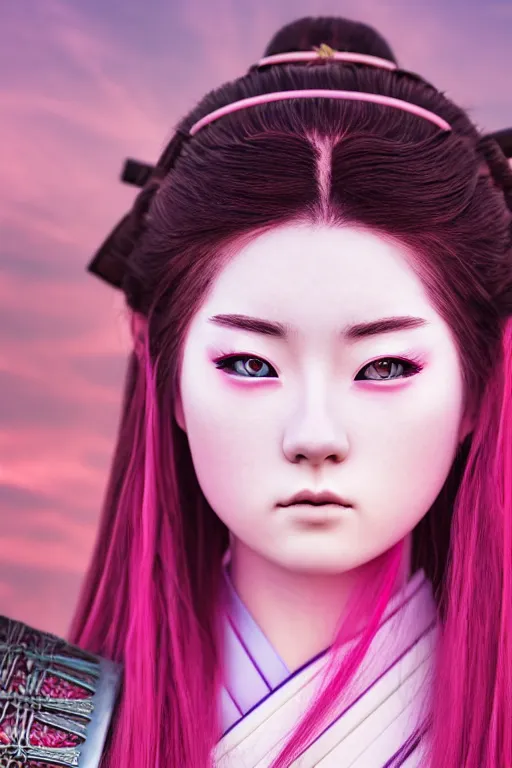 Prompt: highly detailed beautiful photo of a young female samurai, practising sword poses, symmetrical face, beautiful eyes, pink hair, realistic anime art style, 8 k, award winning photo, pastels colours, action photography, 1 / 1 2 5 shutter speed, sunrise lighting