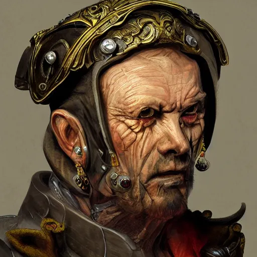 Image similar to portrait, headshot, digital painting, of a old 17th century, old cyborg merchant, amber jewels, baroque, ornate clothing, scifi, realistic, hyperdetailed, chiaroscuro, concept art, art by Franz Hals and Jon Foster