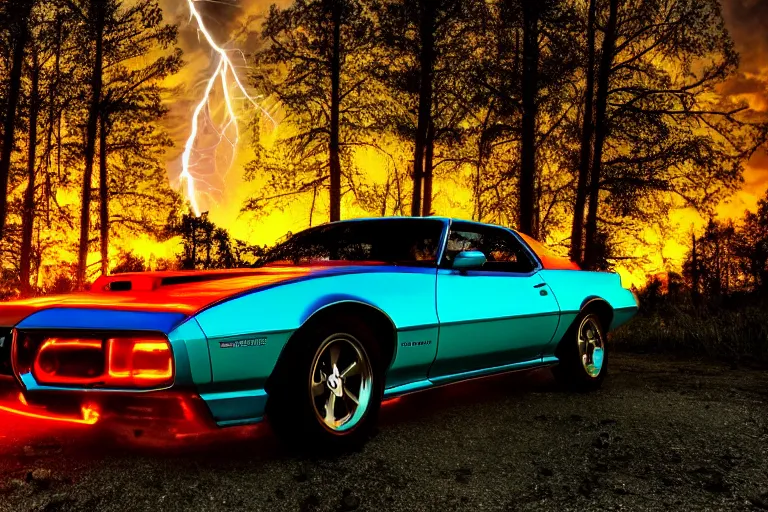 Image similar to pontiac firebird with glowing paint, sunrise, eerie light, fireflies, dog watching the car, dramatic, cinematic, forest, horror, sunbeams, volumetric lighting, wide shot, low angle, lightning storm hitting the car