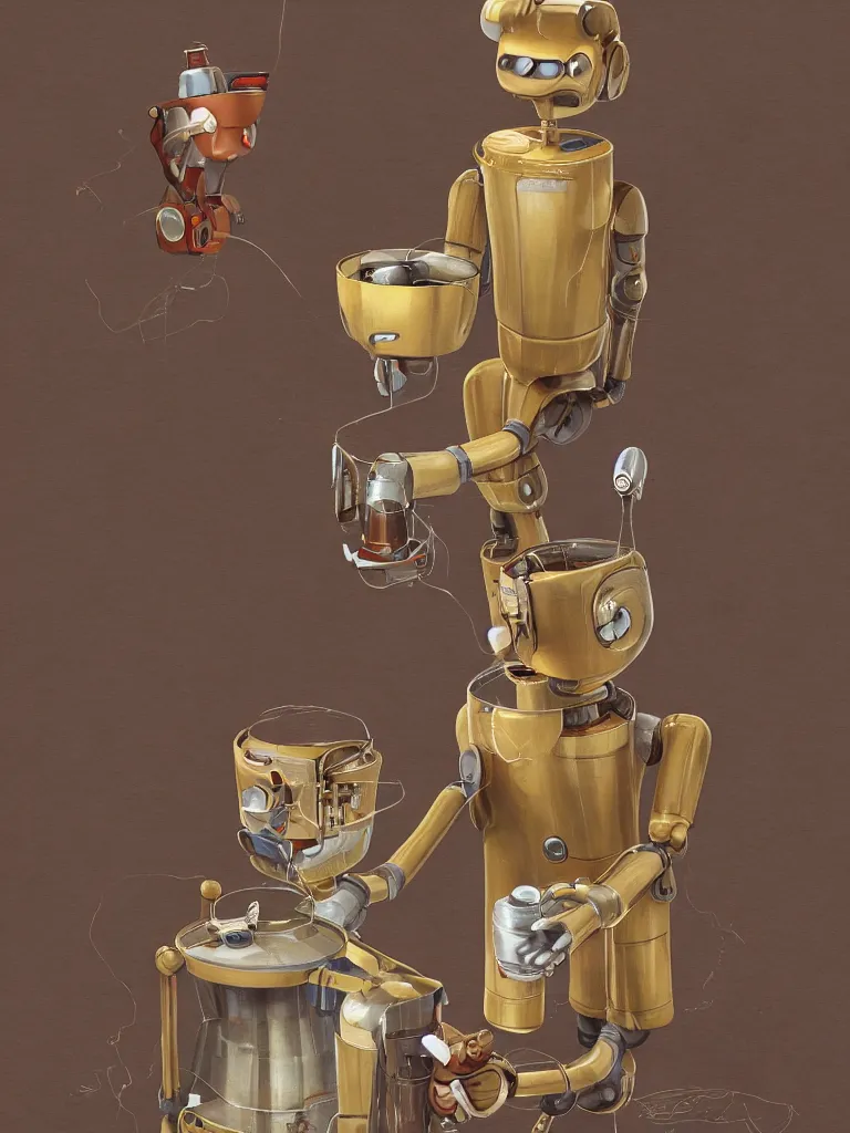 Prompt: half-length portrait of my friendly empatic robot offering a fresh cup of hot coffee to my friends, small sharp focus on coffee cup, by Simon Stalenhaag, by Yoshita Amano, by Esao Andrews, deviantart, 4K