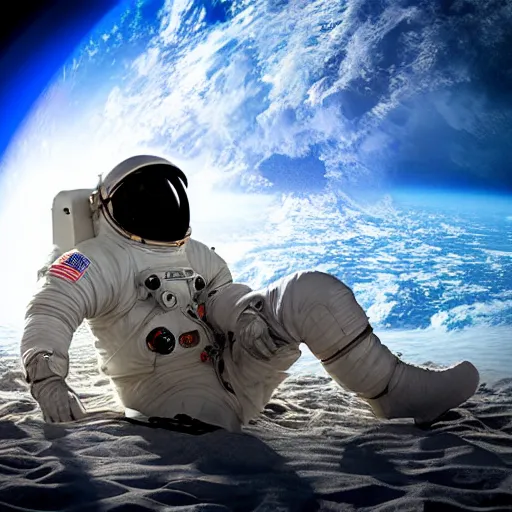 Image similar to an astronaut lounging in the beach, dramatic lighting, cinematic, extremly high detail, photorealistic, cinematic lighting, nasa footage