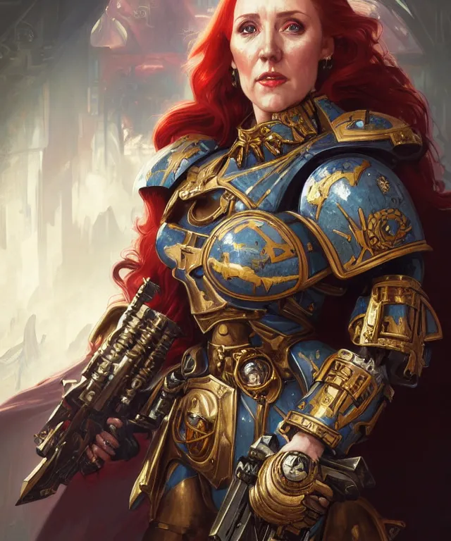 Image similar to Angela Rayner as a Warhammer 40k Battle Sister, portrait, fantasy, intricate, elegant, highly detailed, digital painting, artstation, concept art, smooth, sharp focus, illustration, art by artgerm and greg rutkowski and alphonse mucha