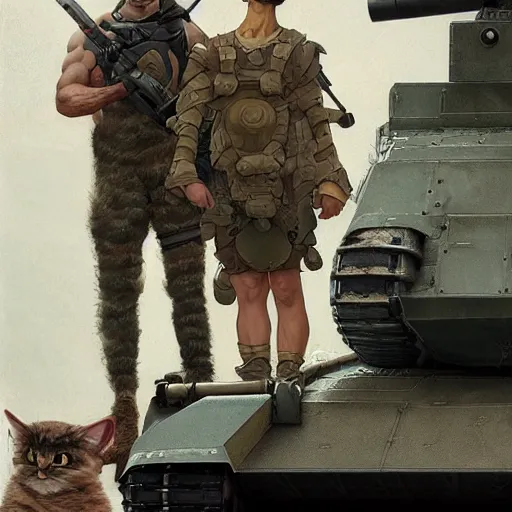 Prompt: Portrait face fuzzy ears furry ripped physique kitty cat general camouflaged as a kitty cat man wearing a military officer uniform standing atop a panzer tank charlie bowater elina brotherus greg rutkowski Dan Witz norman rockwell victo ngai