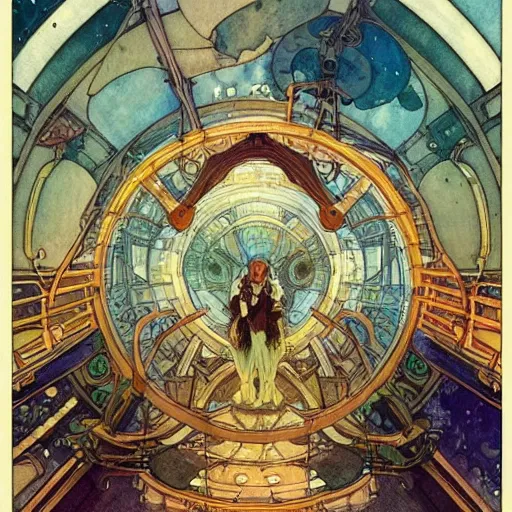 Image similar to a beautiful intricate watercolor illustration of an interior of space ship, 4 k, ultra - wide angle, by william turner, by victo ngai, by alphonse mucha, by miho hirano, by moebius, hd, trending on artstation, hyper detailed, muted colors