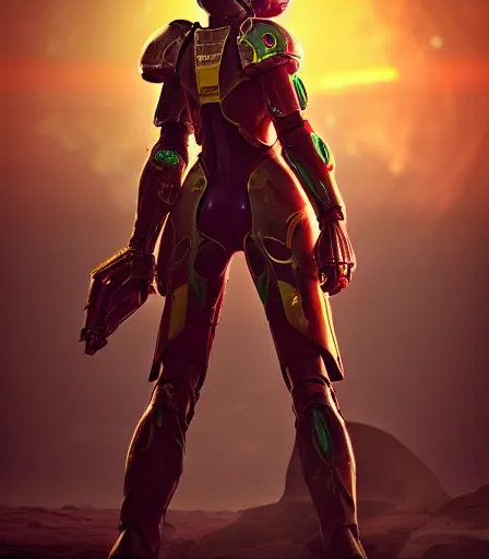 Image similar to Samus in full destiny style armor,in a post apocalyptic setting, unreal 5, DAZ, hyperrealistic, octane render, RPG portrait, dynamic lighting, digital art, fan art