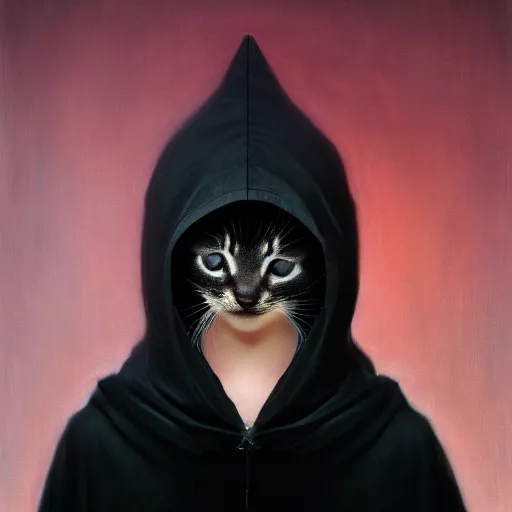 Image similar to a portrait of a kitten wearing a black hood, cloak covering face, anatomically correct, beautiful perfect face, enigmatic, oil painting, matte, black background, Volumetric dynamic lighting, Highly Detailed, Cinematic Lighting, Unreal Engine, 8k, HD, by Beksinski