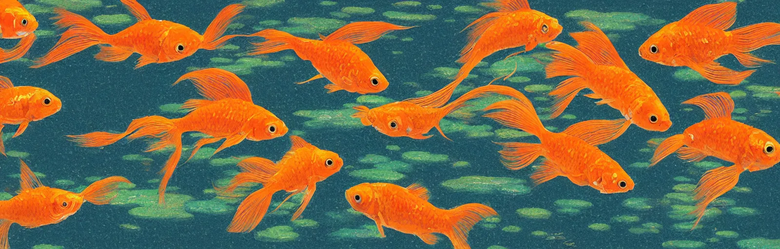 Prompt: An aesthetically pleasing, dynamic, energetic, lively, well-designed digital art of goldfish in a pond viewed from underwater, by Akira Toriyama and Ohara Koson and Thomas Kinkade, Traditional Japanese colors, superior quality, masterpiece, excellent use of negative space. 8K, superior detail, widescreen.