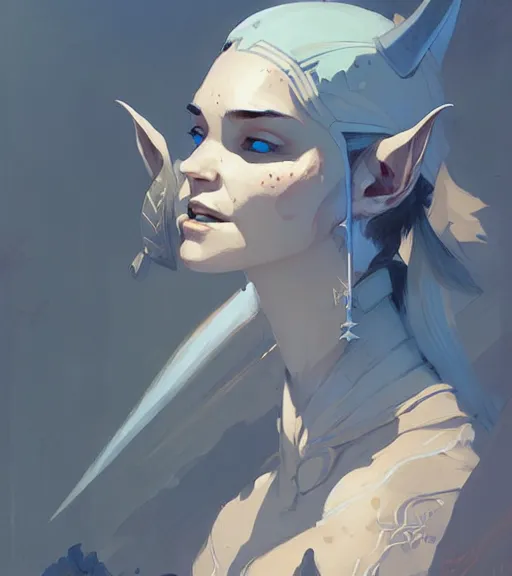 Image similar to portrait of a elven warrior ( dragon age ) by atey ghailan, by greg rutkowski, by greg tocchini, by james gilleard, by joe fenton, by kaethe butcher, dynamic lighting, gradient light blue, brown, blonde cream and white color scheme, grunge aesthetic