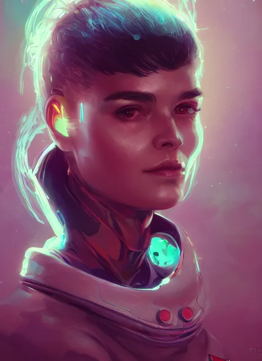 Image similar to portrait of a cosmonaut girl creature with biological parts by Artgerm and Greg Rutkowski , néon light, digital painting, highly detailed, trending on artstation