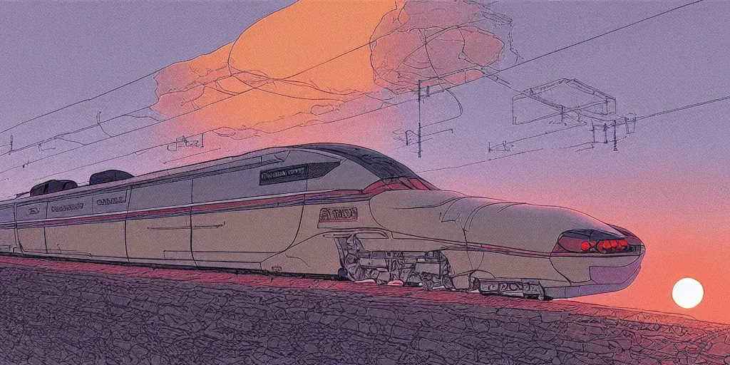 Image similar to weird west futuristic bullet train into the sunset, desaturated delicate illustration by moebius jean giraud