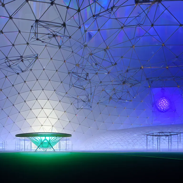 Image similar to an immaculate volumetric path tracing lighting render of a of beautiful iridescent large geodesic dome device at the center of a vast modern datacenter, fog, god rays, and nixie tubes by eric lafforgue and beeple, beautiful modern colors, ultradetailed, 4k ultra