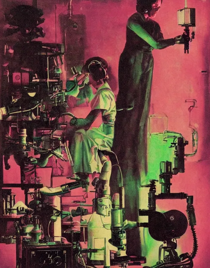 Prompt: a female mad scientist building a retro robotic!!! man!!!, in a darkly lit laboratory room, 1 9 5 0 s horror film movie poster style, ( norman rockwell oil painting ), retro science fiction, vintage, saturated pink and green lighting, shadowy lighting