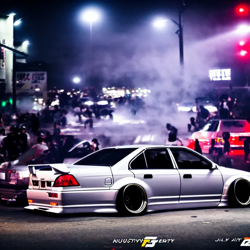 Image similar to a car JZX100 twin turbo drift at illegal car meet, Shibuya prefecture, city midnight mist lights, cinematic lighting, photorealistic, detailed alloy wheels, highly detailed