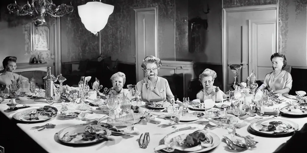 Image similar to detailed sharp photograph in the style of popular science circa 1 9 5 5 and gregory crewdson of a 1 9 5 0 s of an elderly woman wearing a mink stole and pearls with a white bouffant hairdo sitting at a banquet table. 7 5 mm lens