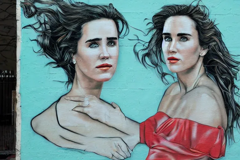 Image similar to Street-art portrait of Jennifer Connelly (1990), in style of Seaty