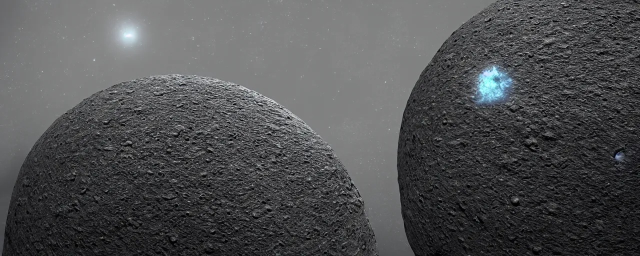 Image similar to ” small asteroid with craters seen from a far against a black space backdrop, [ cinematic, detailed, epic, widescreen, opening, establishing, mattepainting, photorealistic, realistic textures, octane render ] ”