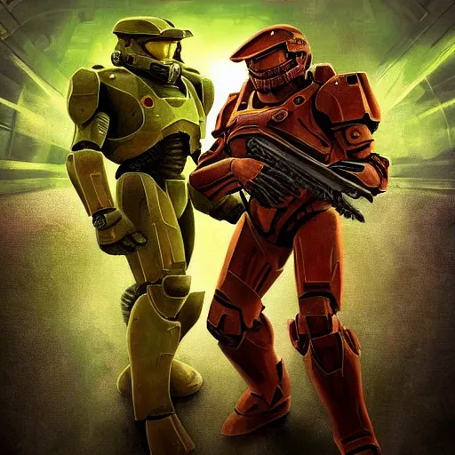 Prompt: doomguy and master chief fighting demons, artstation hall of fame gallery, editors choice, #1 digital painting of all time, most beautiful image ever created, emotionally evocative, greatest art ever made, lifetime achievement magnum opus masterpiece, the most amazing breathtaking image with the deepest message ever painted, a thing of beauty beyond imagination or words