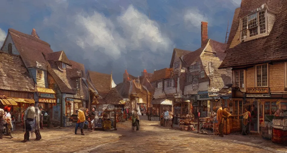 Prompt: victorian cornish fishing village, street scene, street level, digital painting by earl norem, hyperdetailed, artstation, cgsociety, 8 k