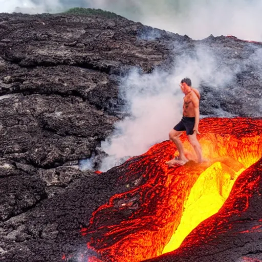 Image similar to man in a swimsuit getting swallowed by flowing lava on a volcano with magma eruptions