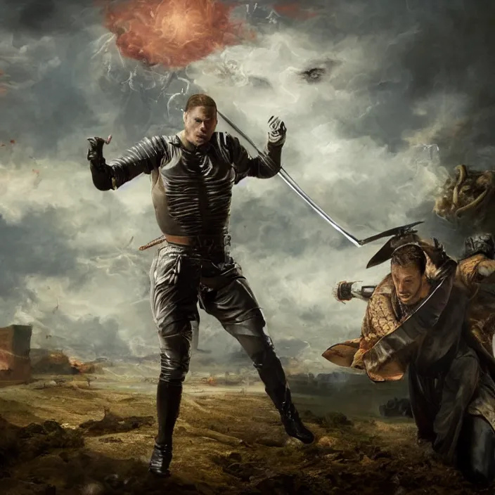 Prompt: professional photographic portrait of tom hardy as machiavelli fighting aliens with a sword strewn over the ground, renaissance style, fine art piece, incredible detail, vray rendering, high octane,