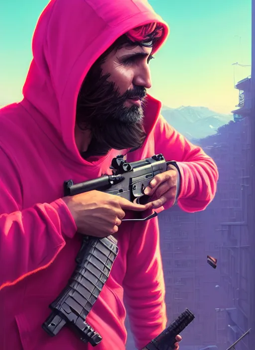 Image similar to highly detailed portrait justin trudeau in ( ( fuschia hoody ) ) holding ar - 1 5! in gta v stephen bliss unreal engine fantasy art by greg rutkowski loish rhads ferdinand knab makoto shinkai lois van baarle ilya kuvshinov rossdraws tom bagshaw global illumination radiant light detailed intricate environment