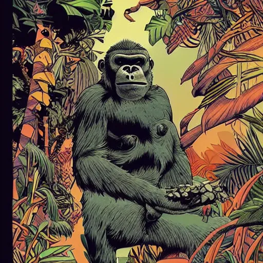 Prompt: Bipedal gorilla wearing t-shirt and shorts, background jungle, graphic novel, by James Jean, Victo Ngai, David Rubín, Mike Mignola, Laurie Greasley,